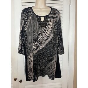 Elie McCarthy Woman Black Tan Abstract Print Studded Keyhole Tunic Top 2X S101XO